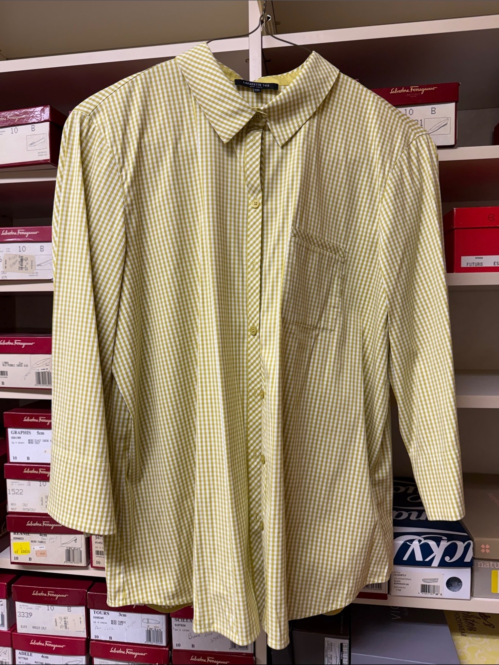 Lafayette 148 New York Chartreuse Gingham Button-Down Shirt